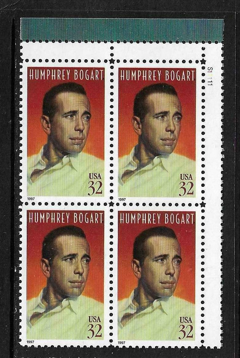 USA SC # 3152 Humphrey Bogart , BLK4 Plate Number . MNH