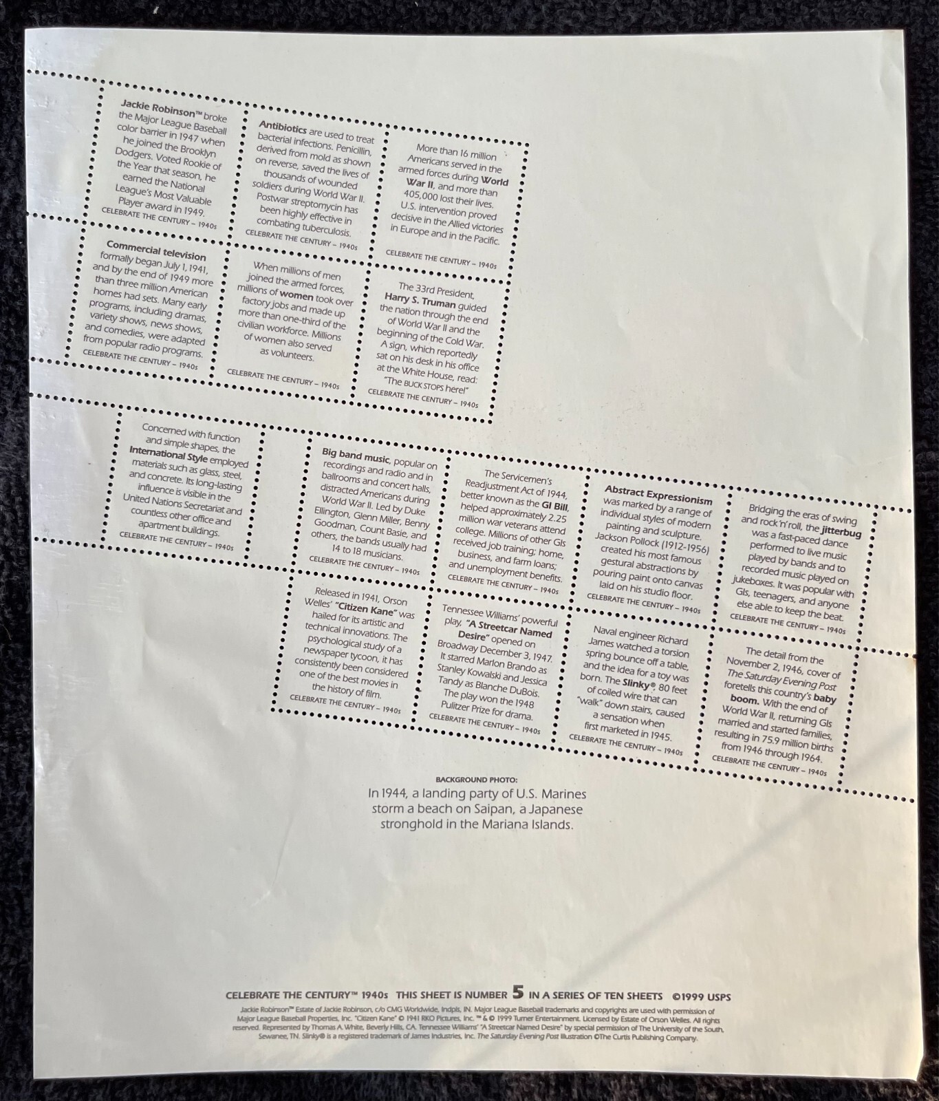1940s CELEBRATE THE CENTURY USPS STAMP PAGE United States Postal Service WW 11