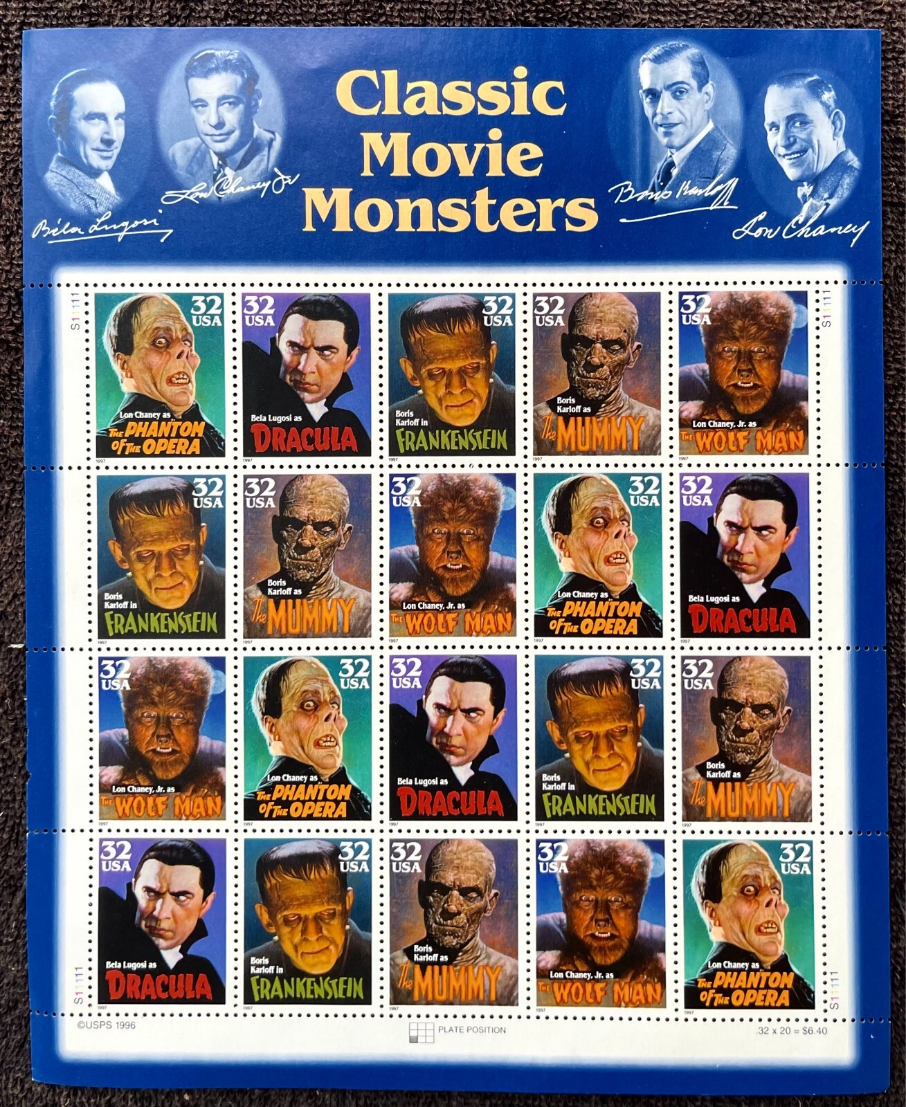 CLASSIC MOVIE MONSTERS Vintage USPS STAMP PAGE United States Postal Service