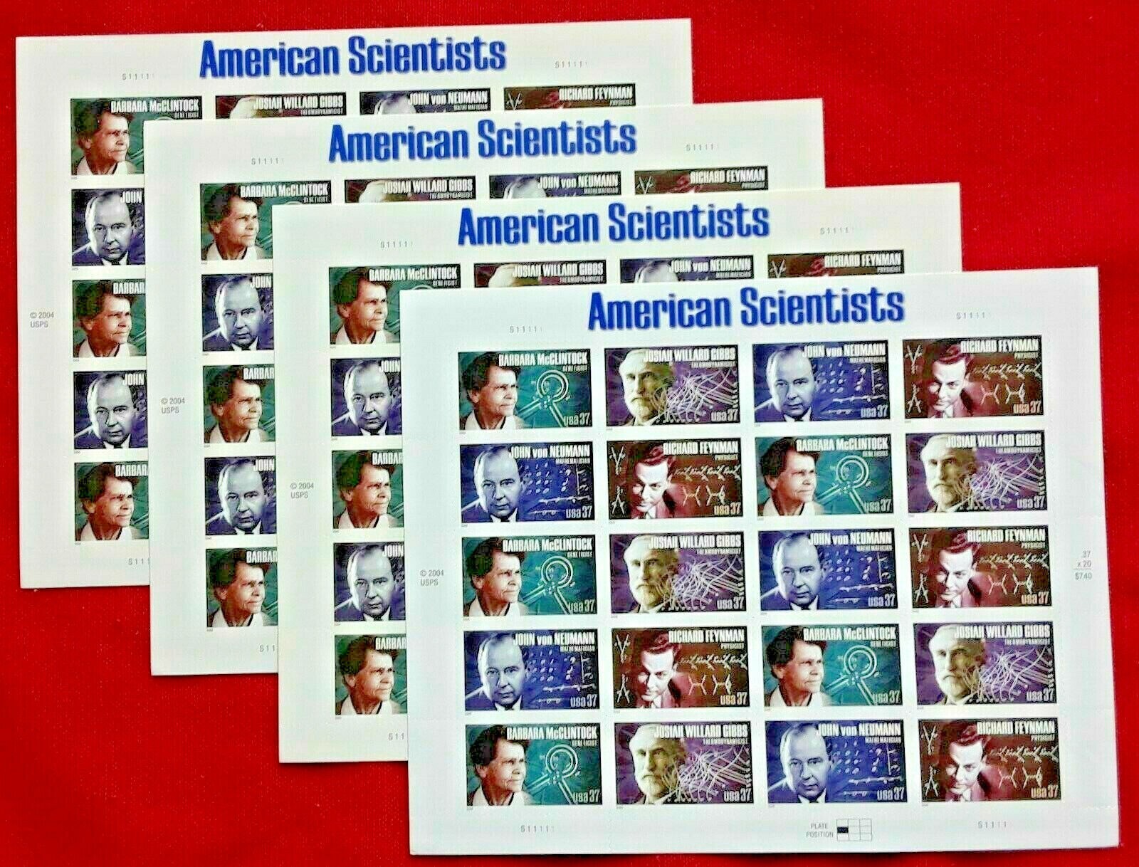 Four Sheets x 20 = 80 of AMERICAN SCIENTISTS 37¢ US Postage Stamps. Sc 3906-3909