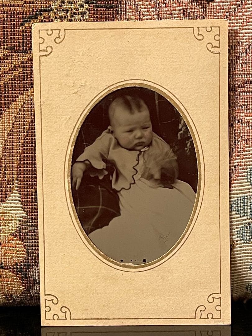 Antique photo, tintype, set of 3, baby, paper frame