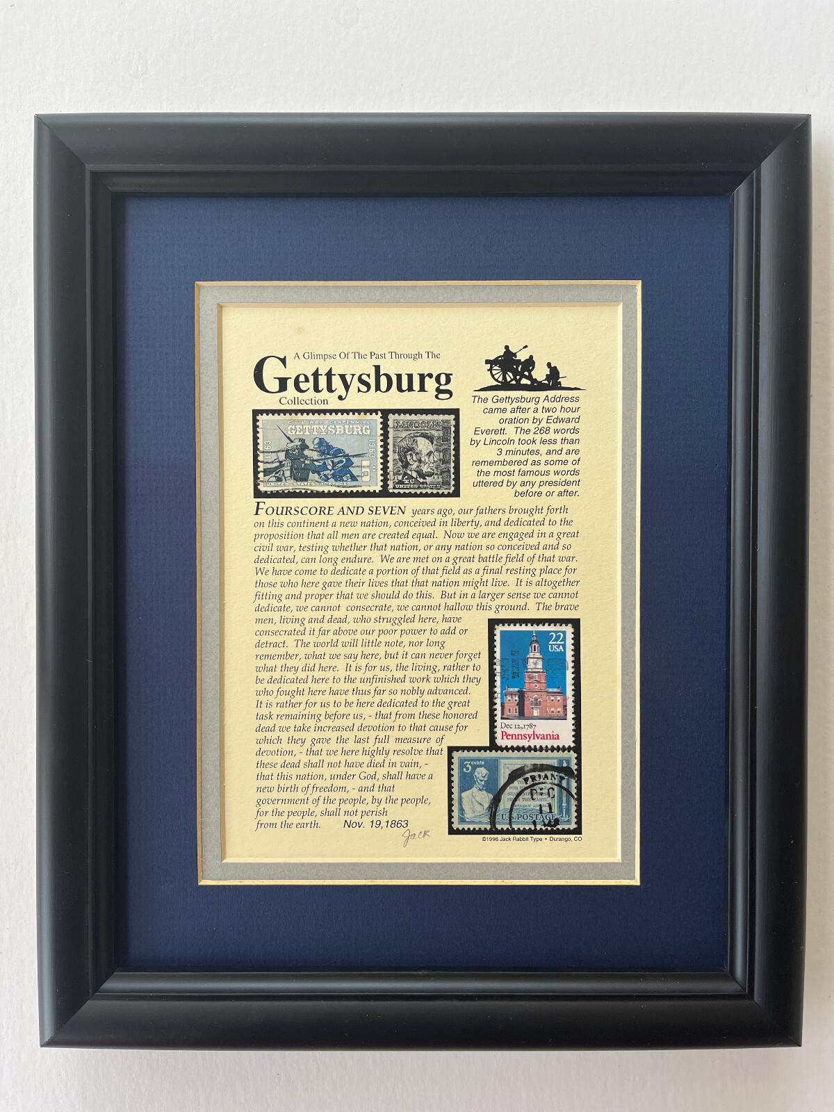Gettysburg Stamp Art Framed/Matted – Lincoln, Pennsylvania, etc.