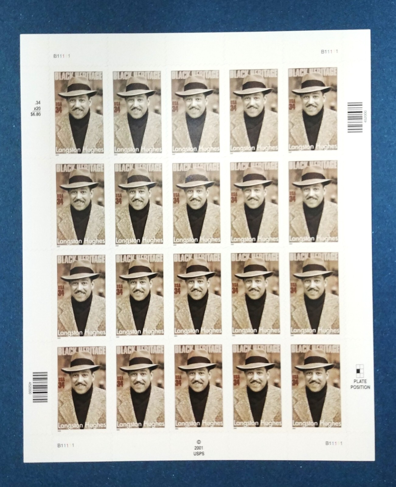 34 cent stamps Langston Hughes Black Heritage sheet pane of 20