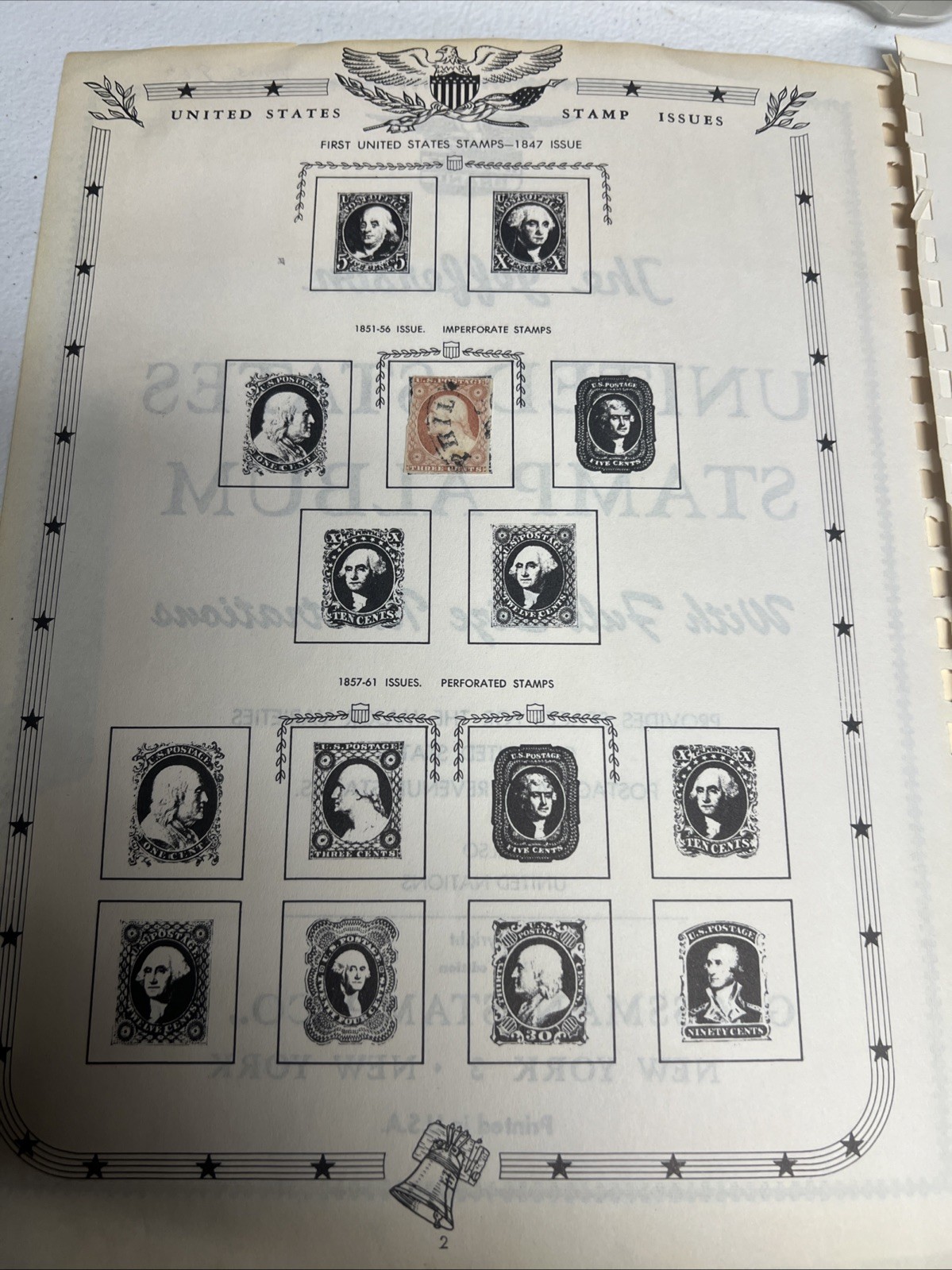 1851-1856 George Washington Imperforate 3 Cent Stamp US On Page Hinged