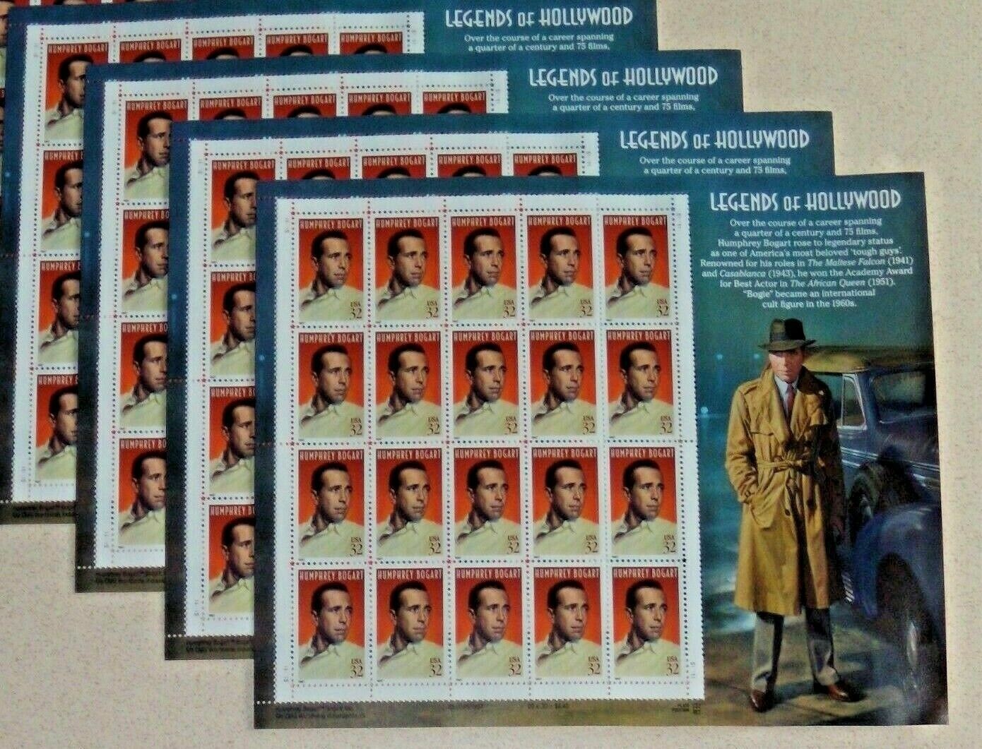 Four x 20 Legends of Hollywood HUMPHREY BOGART 32¢ US Postage Stamps USA Sc 3152