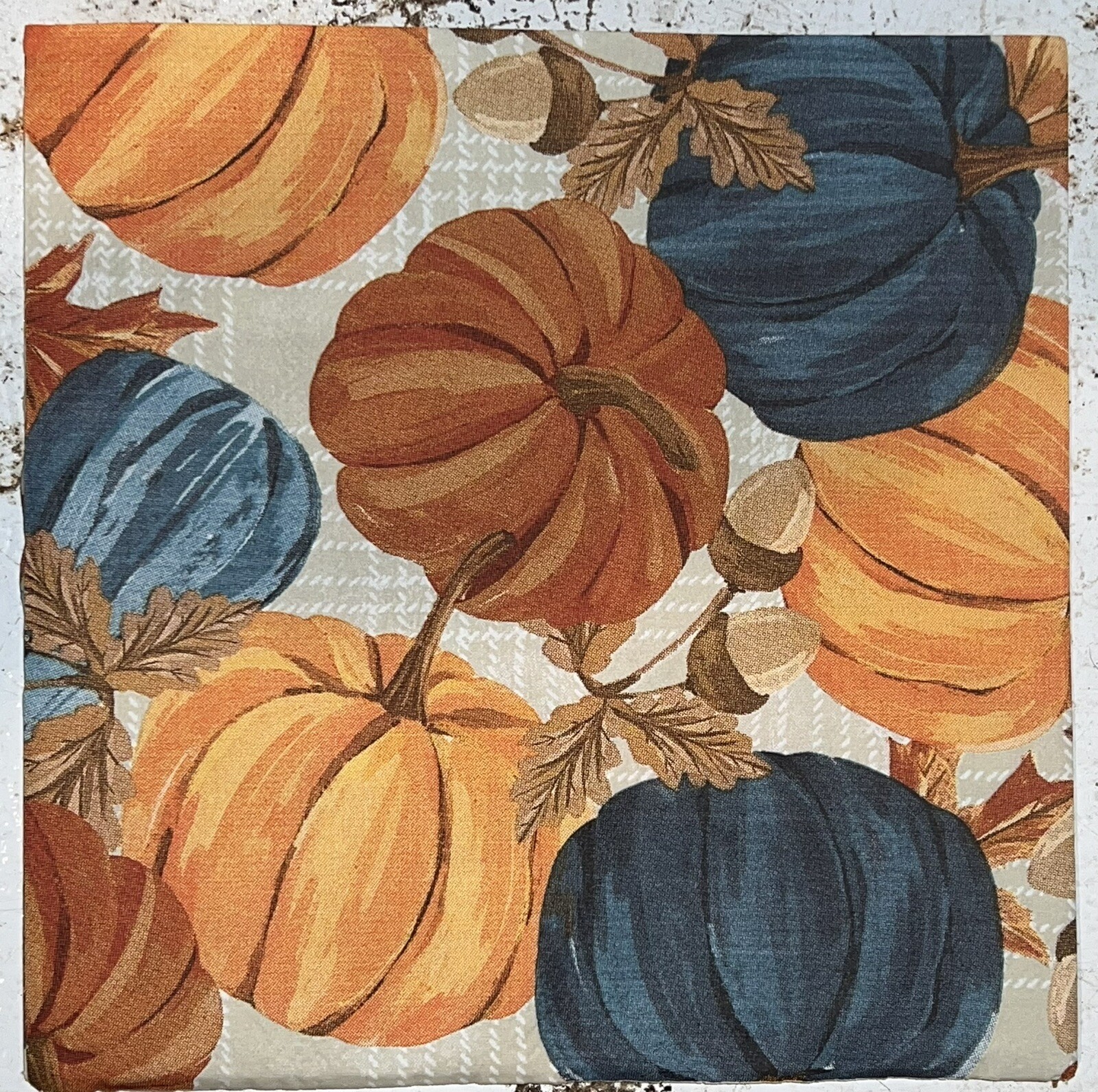 Three Individual Lunch Napkins Decoupage Autumn Fall Pumpkins Blue/Orange 6.5”