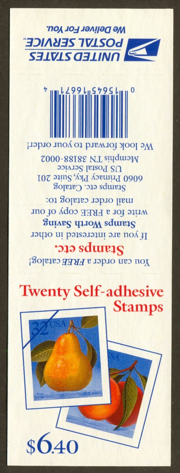 U.S. Scott# 2494a, 1995 Peaches & Pear, Booklet Pane of 20 Stamps, SCV: $13.00