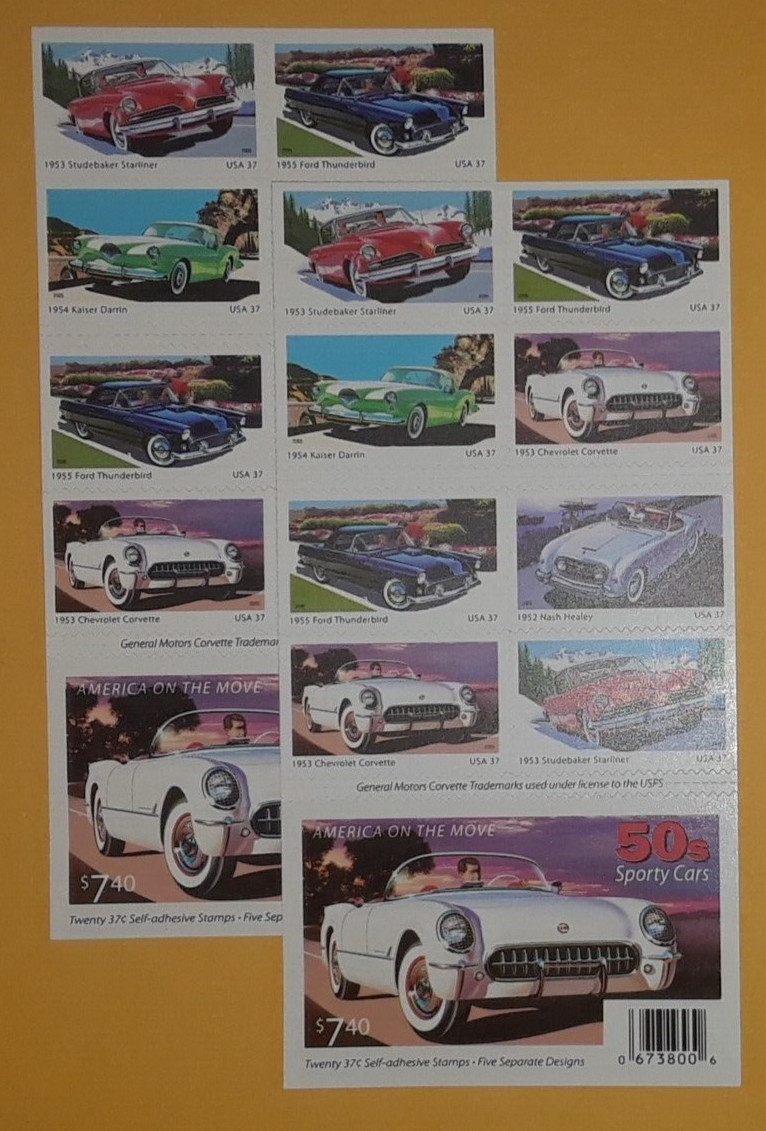 TWO (2) Booklets x 20 = 40 of 50’s SPORTY CARS 37¢ US Postage Stamp Sc 3931-3935