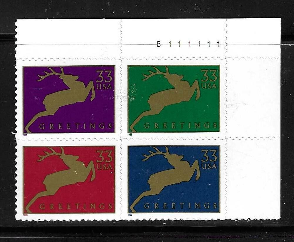 USA SC # 3359a Christmas Deer / BLK4 Plate number . MNH