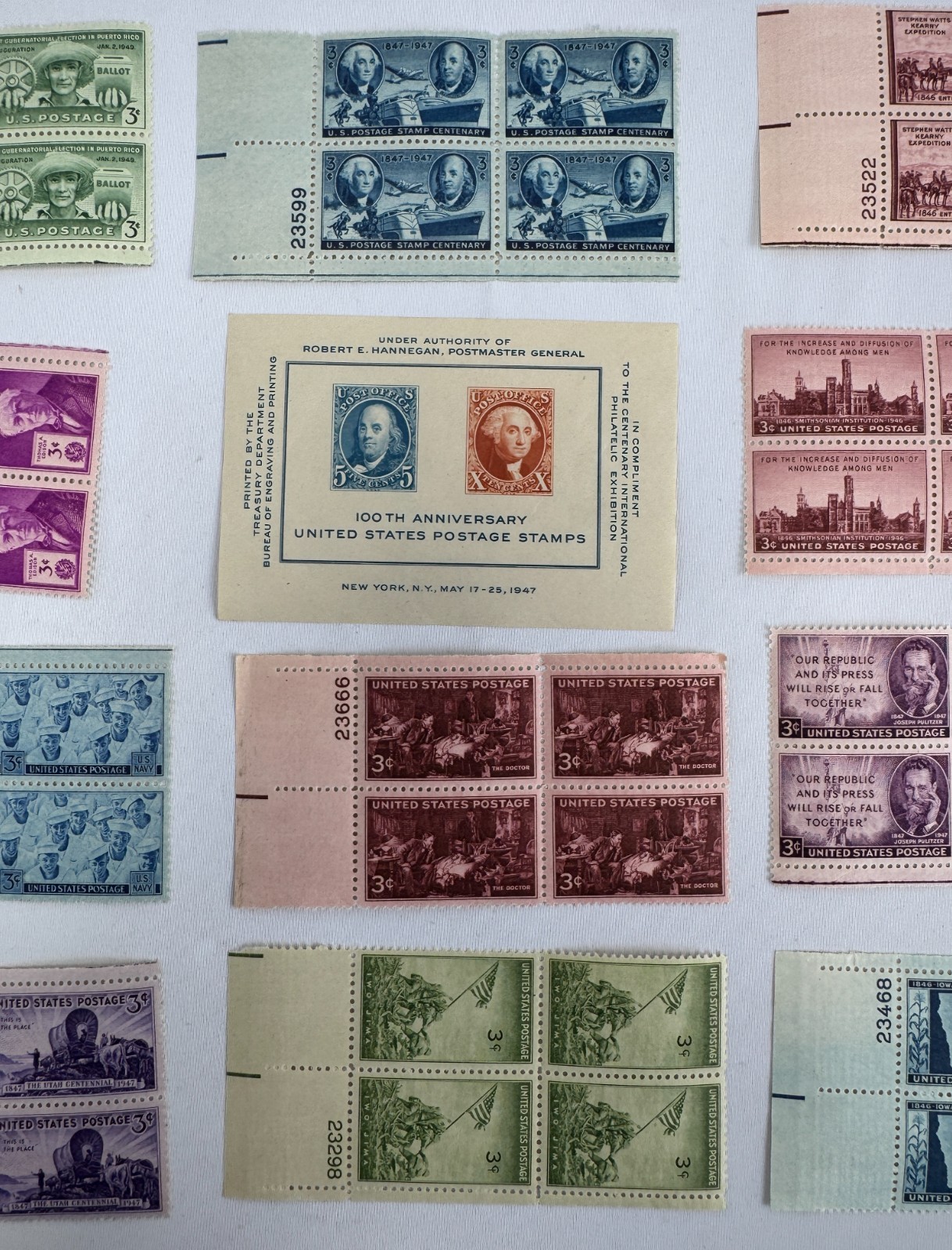 13 Mint US Commemorative Plate Blocks and CIPEX Souvenir Sheet 1946-1949