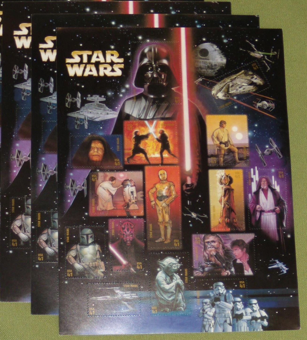 Three sheets = 45 of STAR WARS Character Souvenir Set US Postage Stamp USA 4143