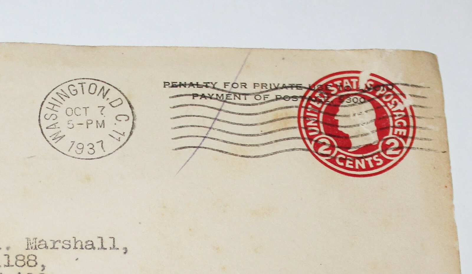 United States Postage 2 cent Stamped Envelope Post Office Department 1937