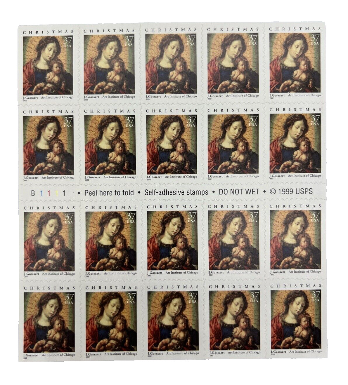 Scott #3675a Madonna & Child 2 Books of 20 = 40 Stamps 37¢ Christmas FV$14.80