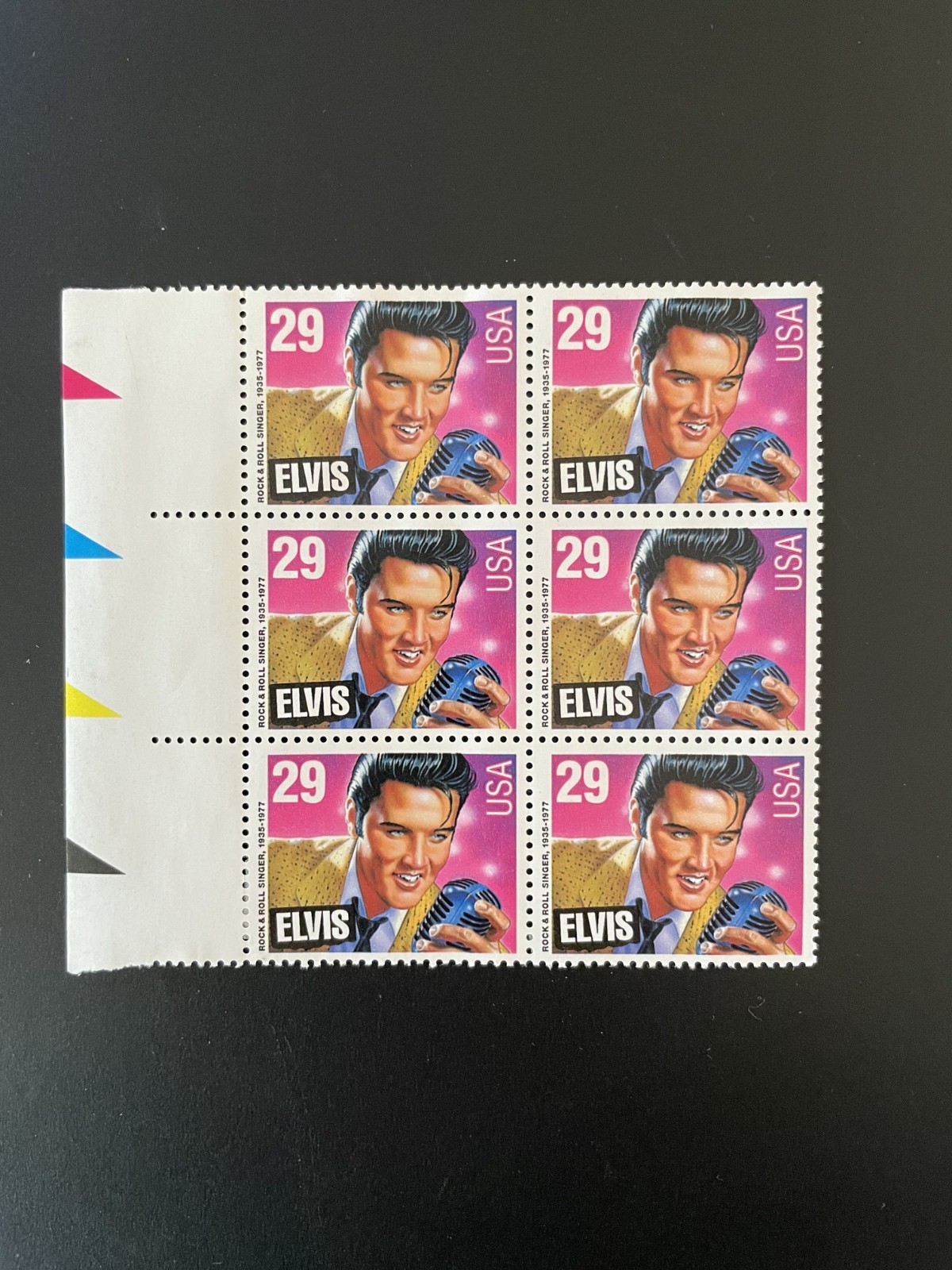 Elvis Presley Rock ‘n’ Roll 29¢ USPS stamp 1993 block of 6, great condition