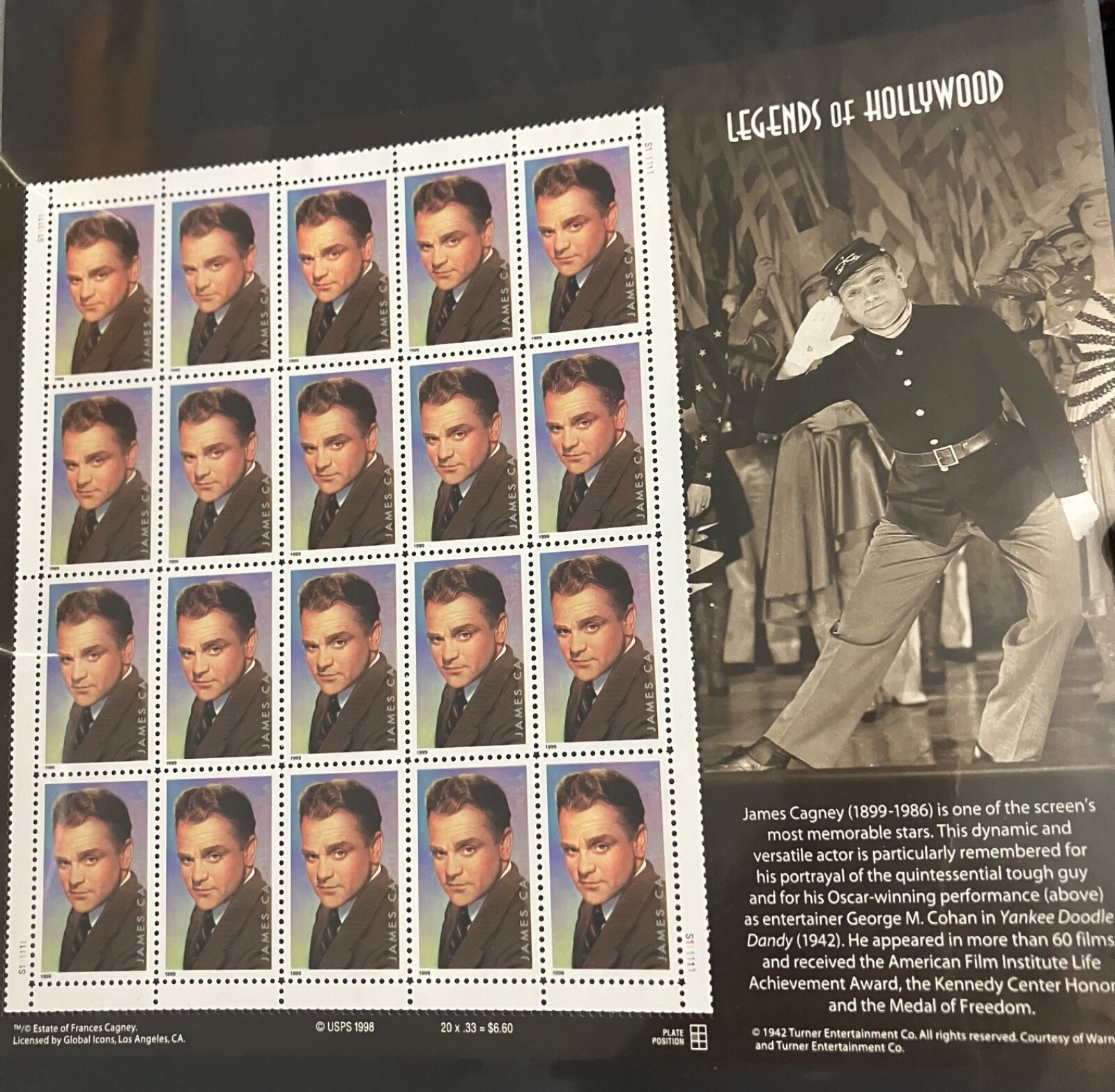 James Cagney 20 count USA 33 cent stamps-NEVER USED