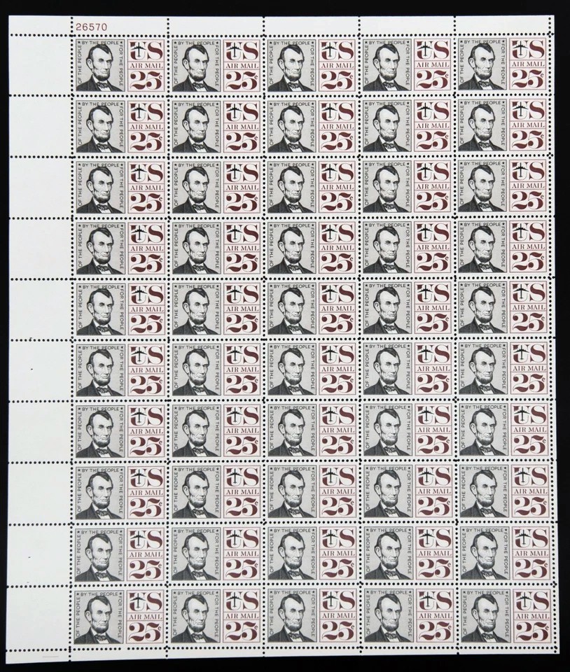 US SCOTT C59 PANE OF 50 ABE LINCOLN AIRMAIL STAMPS 25 CENT FACE MNH
