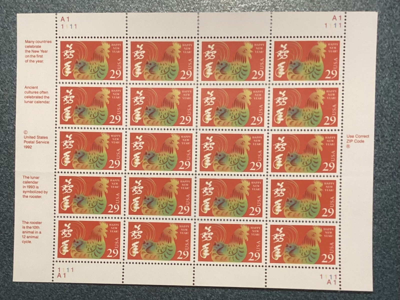 US SCOTT 2720 CHINESE LUNAR NEW YEAR ROOSTER PANE OF 20 29 CENT FACE MNH