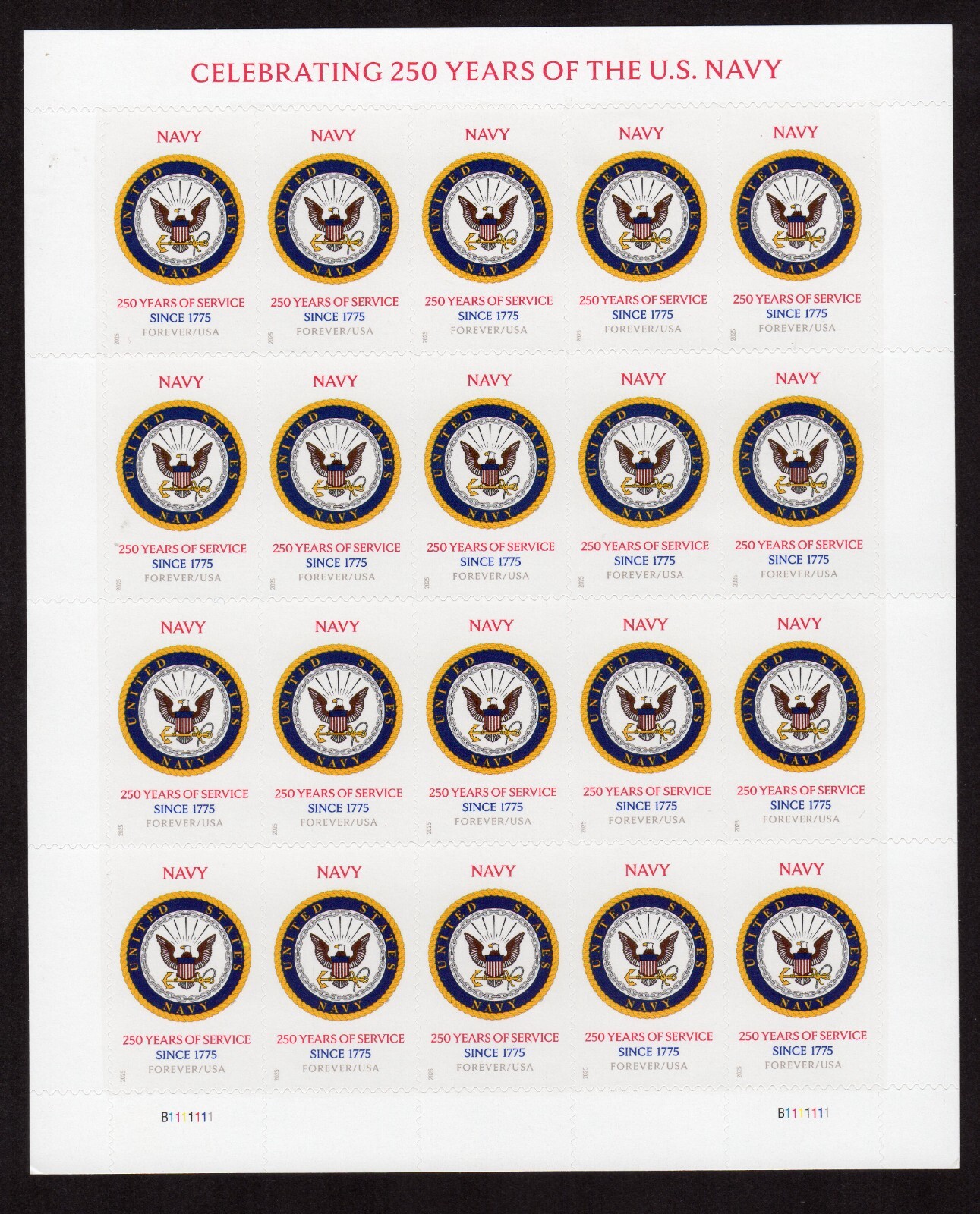 USPS US Navy Marines Army 250th Anniversary Sheet of 20 Forever Stamps – MNH