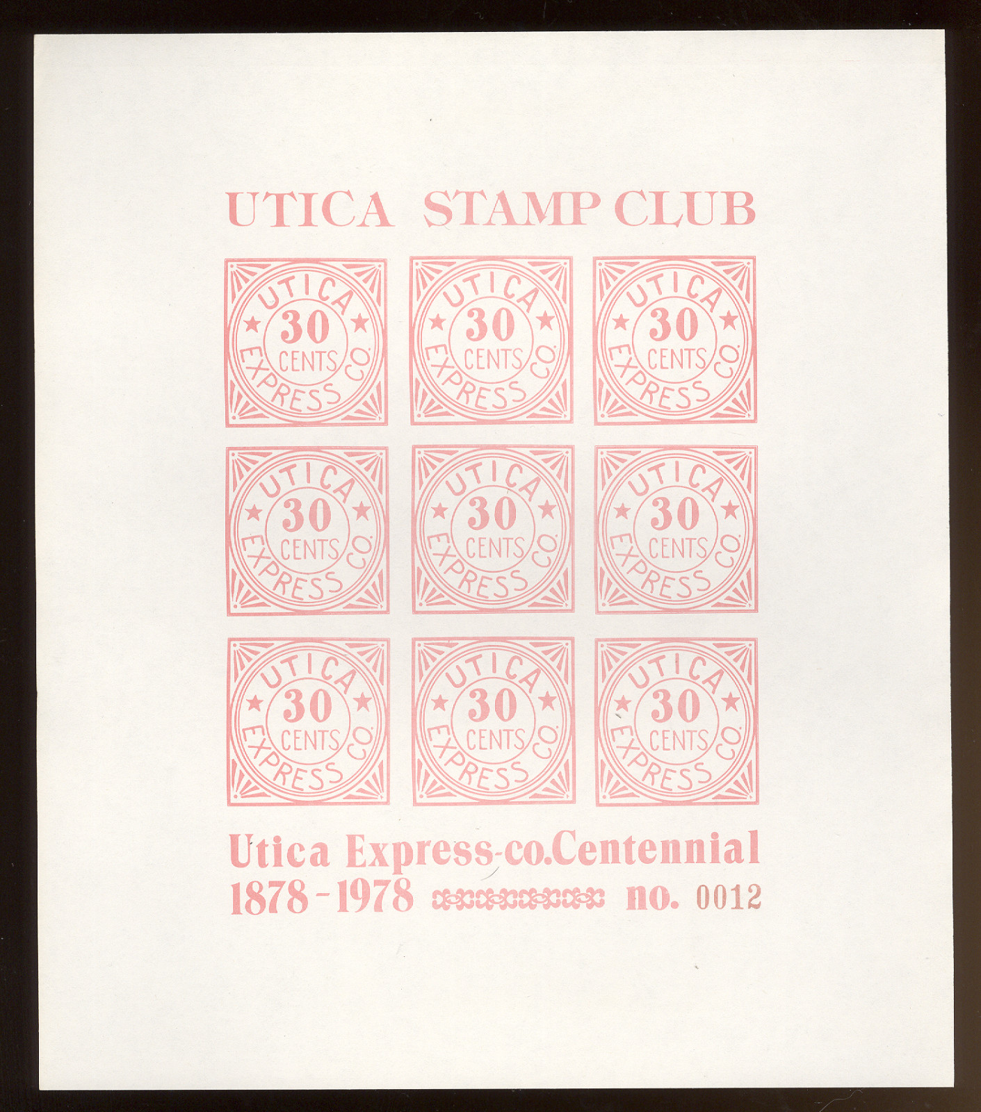 Utica NY Stamp Club Sheet. Utica Express Co Centennial. 1878-1978. MNH.