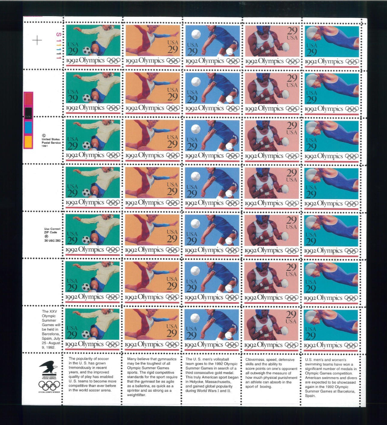 United States 29¢ Summer Olympics Sports Postage Stamp #2637-41 Full Sheet