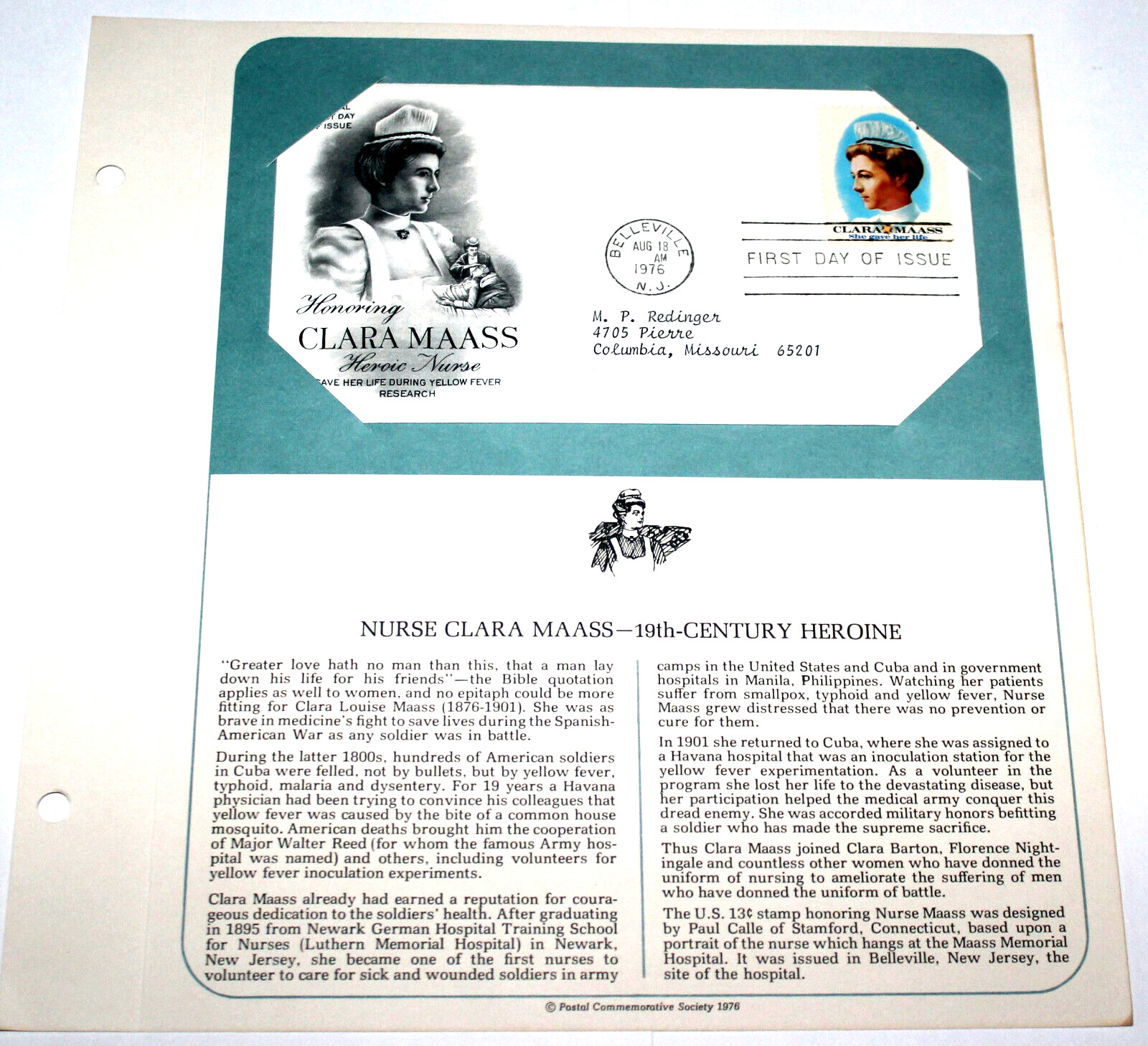 First Day of Issue Souvenir Page Nurse Clara Maass 1976 Stamp