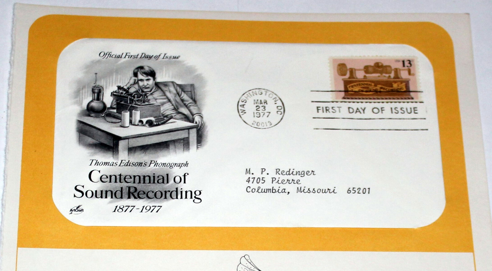 First Day of Issue Souvenir Page Sound Recording Centennial 1977 Stamp