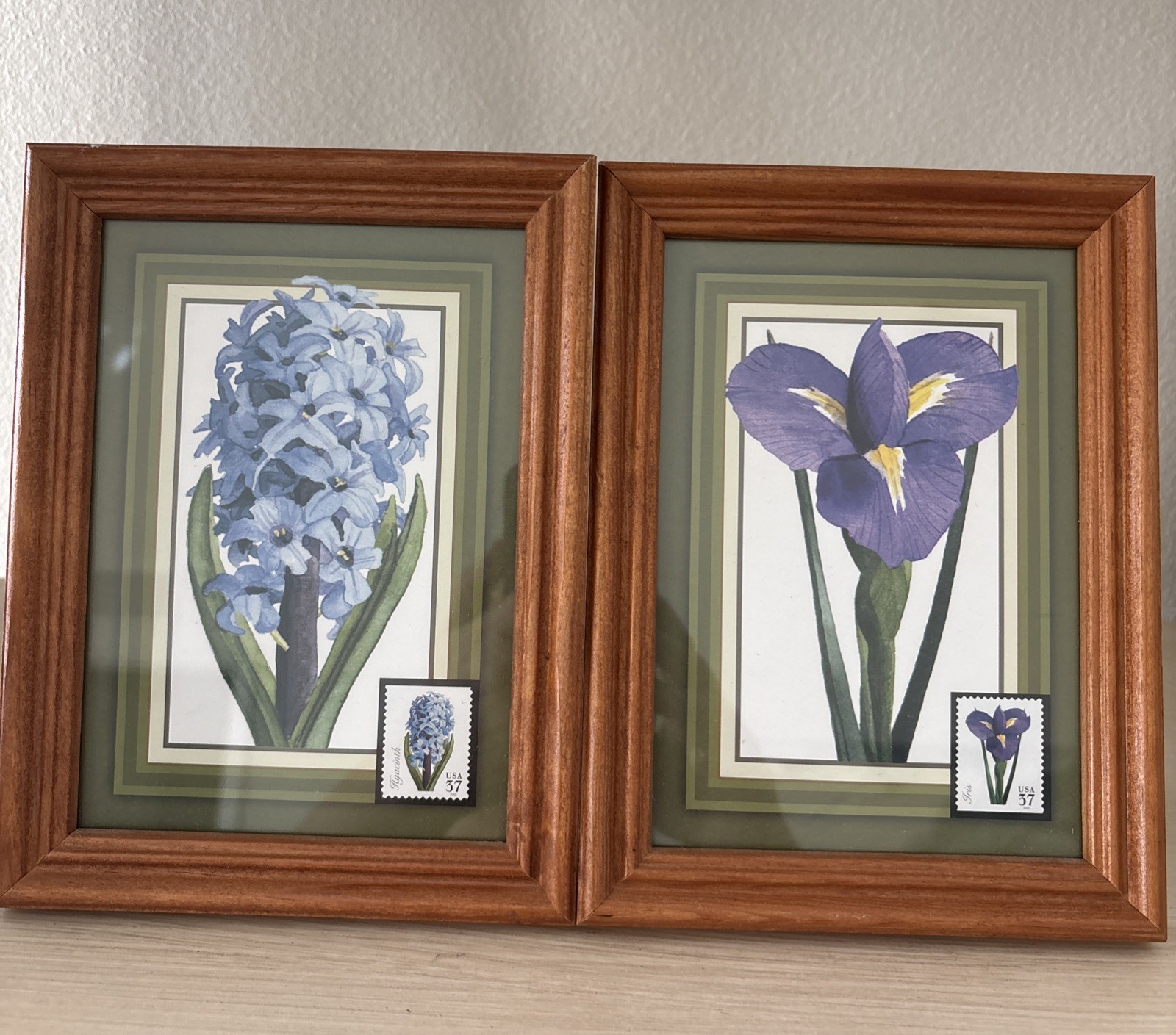 Postal Stamp Art Blue hyacinth and Purple iris 8 X 6 Framed Set Of 2