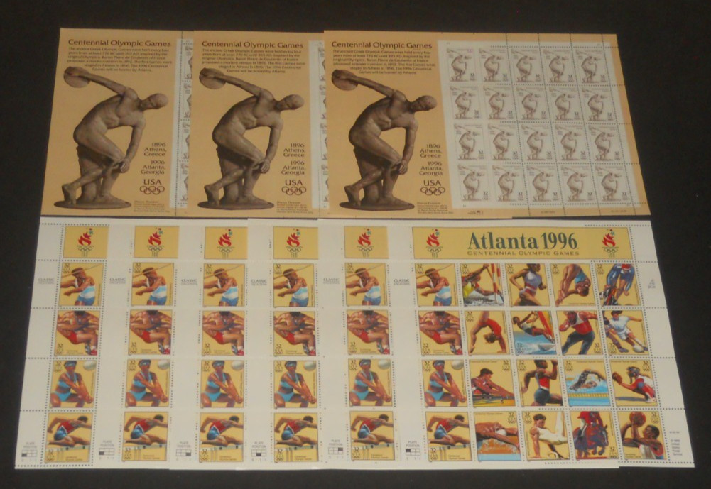 U.S. Olympics 1996 x6 sheets, 1995 Centennial x3 sheets NH face value $57.60