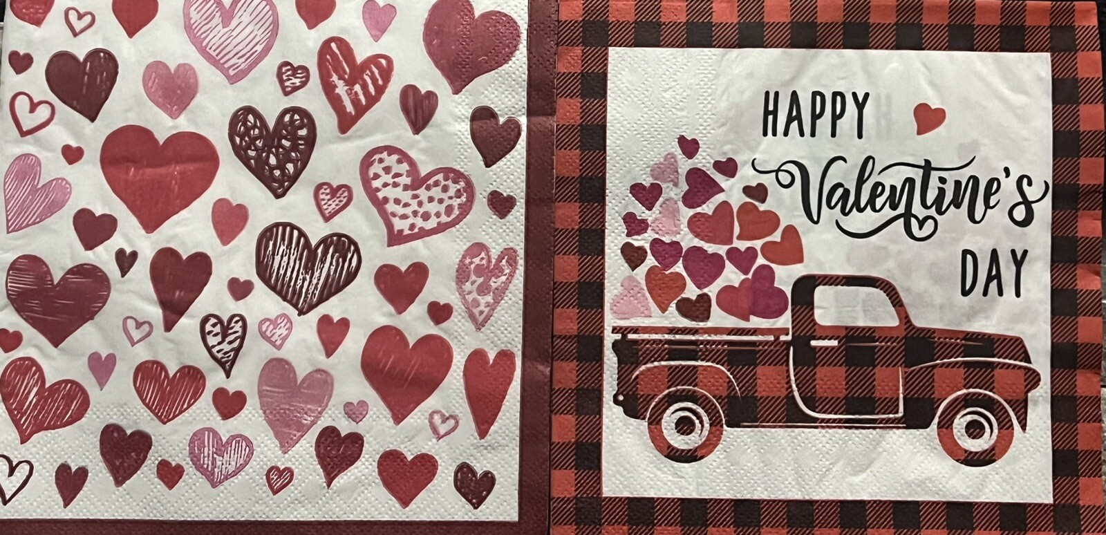 TWO Individual Paper Luncheon Decoupage Napkins – VALENTINE Red Truck / Hearts