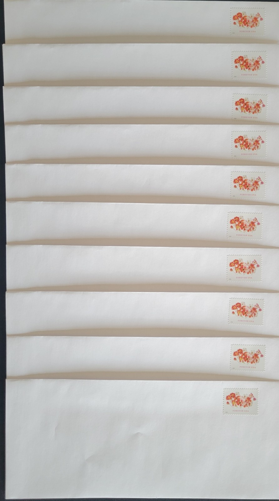 Lot of 10 Stamped Envelopes #10 (4⅛x9½) White Gummed with Forever Tulips #5681