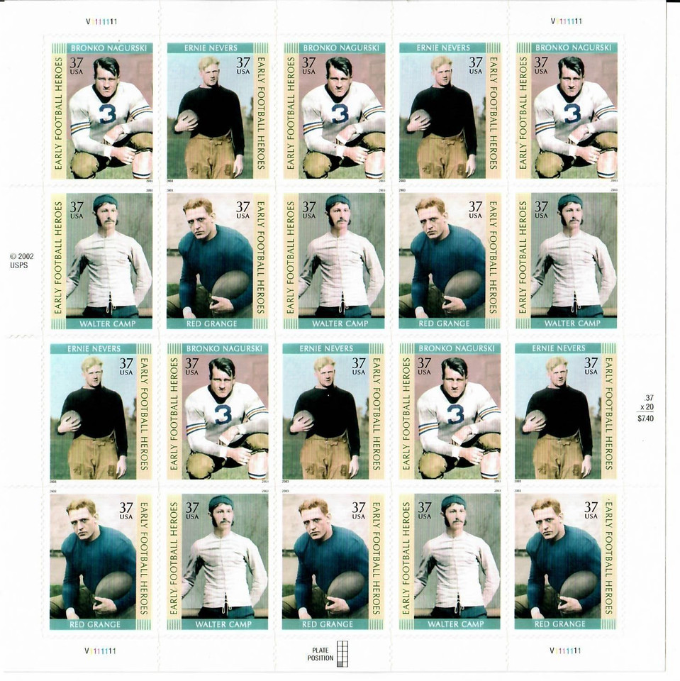 SCOTT #3808-3811 EARLY FOOTBALL HEROES 37¢ – 3 Sheets x 20 = 60 STAMPS FV$22.20