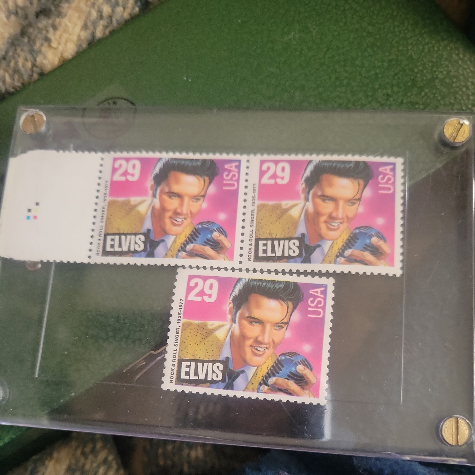 Elvis Presley stamp USA unused untouched pink and purple Elvis holding microphon