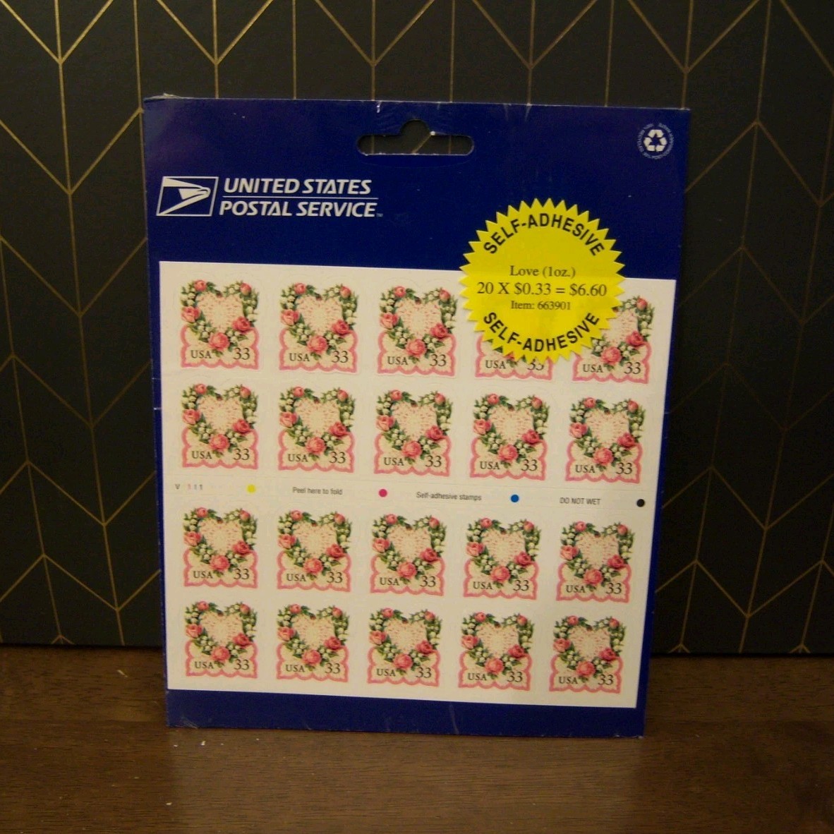 USPS Love 33¢ Self-Adhesive Stamp Sheet of 20 MNH Pink Green Yellow