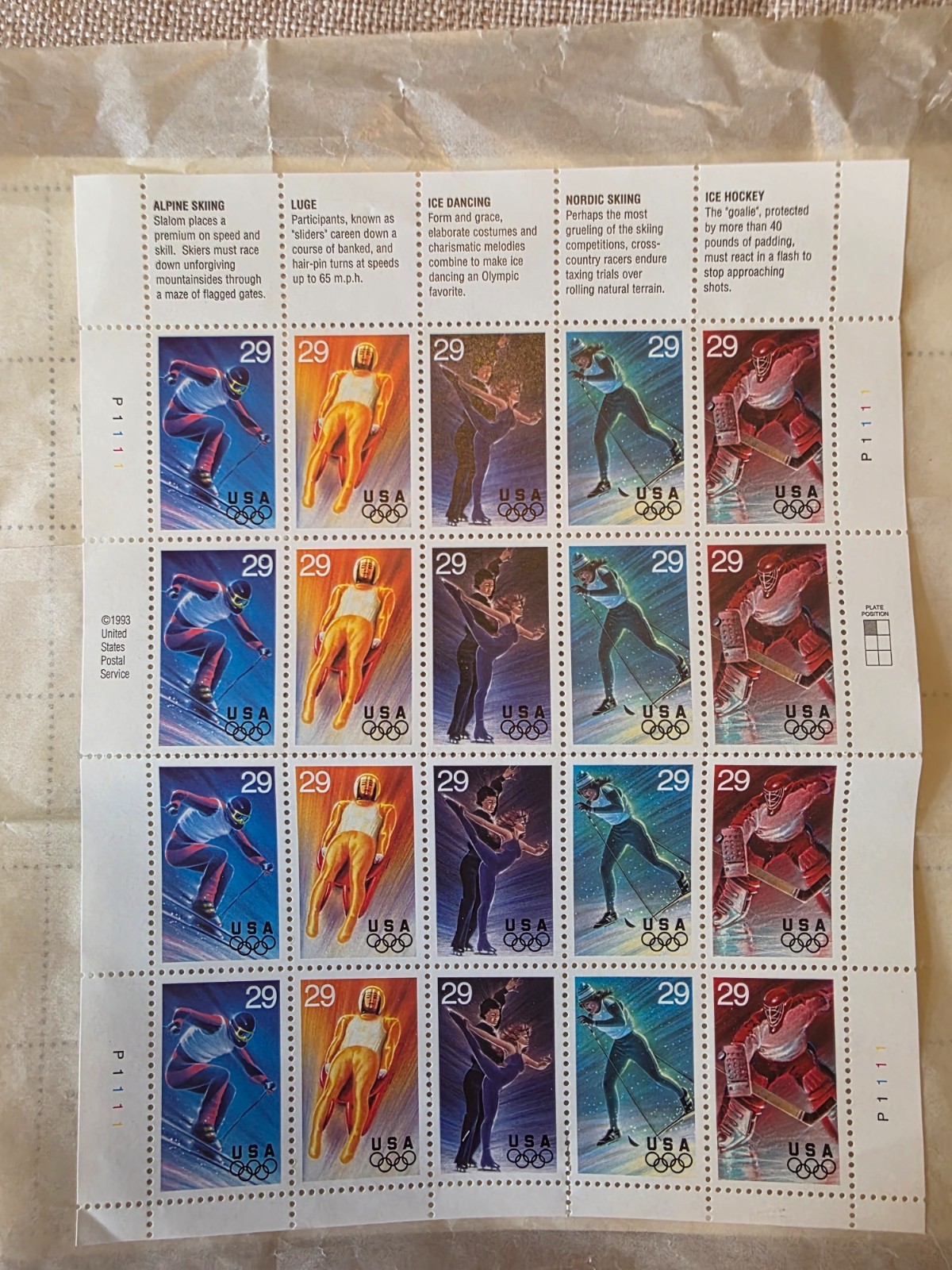 USA 1993 OLYMPIC WINTER SPORTS 20 STAMPS 29 CENT SCOTT 2807-2811 MNH