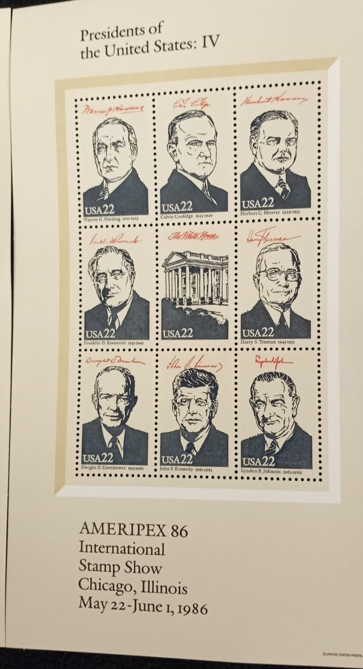 USA S/S + Cover — 1986 Complete Set Presidents of the US Ameripex ’86 #2216-2219