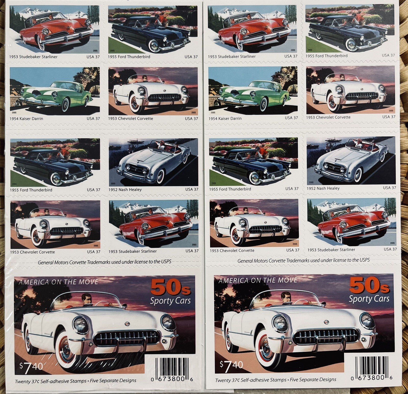 2005 US AMERICA ON THE MOVE 50’s SPORT CARS 2 PANES /BOOKLETS OF 20 STAMPS 37c