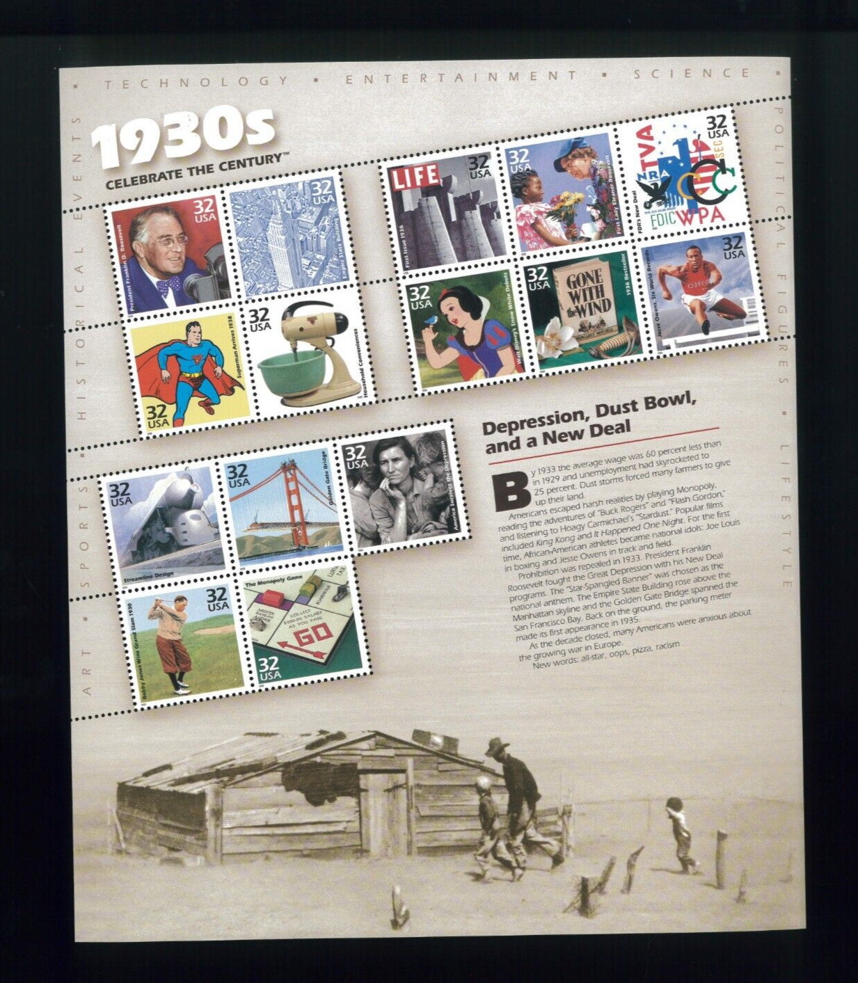 United States 1930’s Celebrate The Century Postage Stamps #3185 MNH Full Sheet