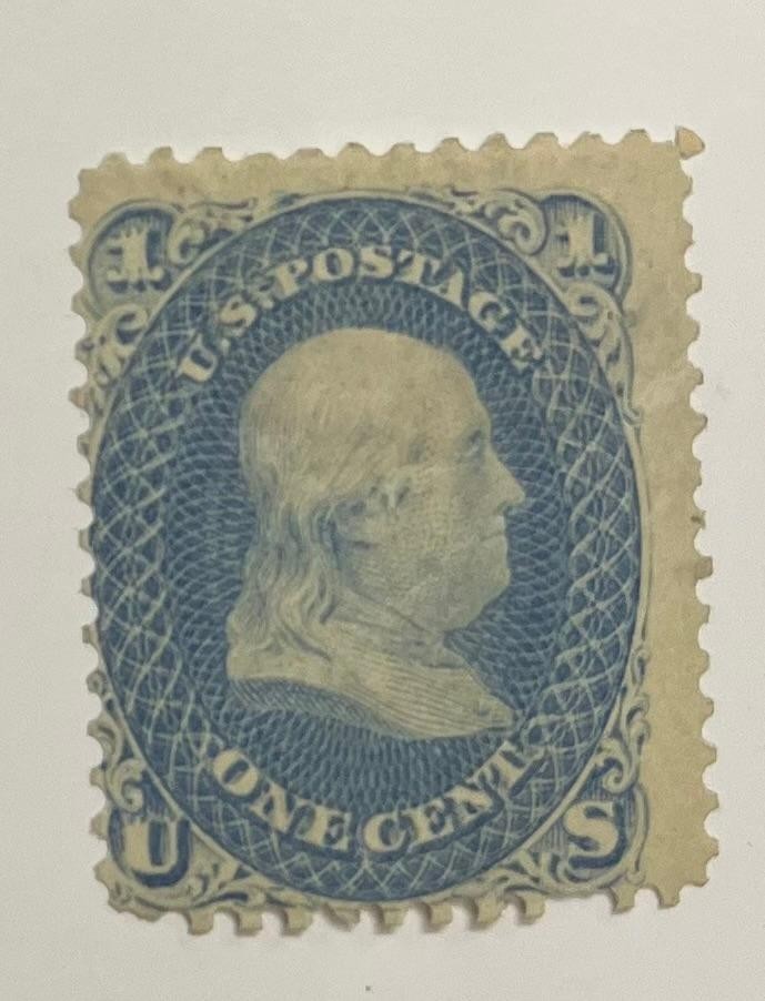 US postage Scott 63, mint 1 cent blue Franklin, OG, HR, gum crease
