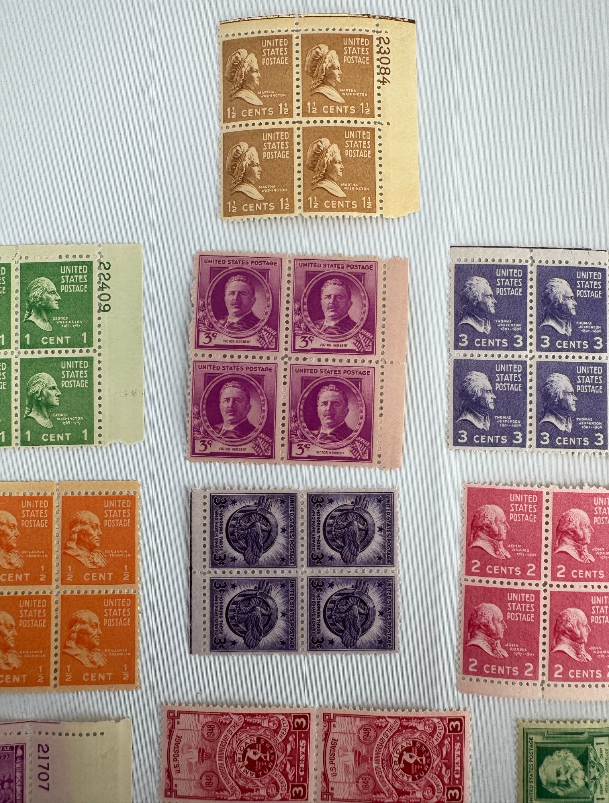 Vintage US Plate Block Collection 13 Mint Plate Blocks 1937 to 1954 Liberty