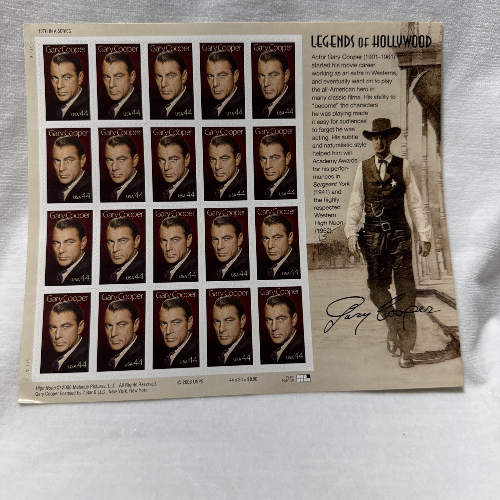 USPS 2008 Gary Cooper 44¢ Legends of Hollywood Stamp Sheet – Classic Film Icon