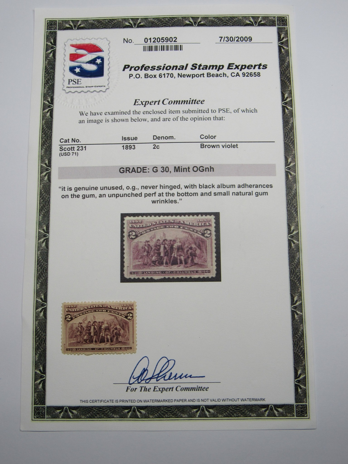 PSE Certified Stamp!! 1893 U.S. POSTAGE 2¢ GRADE:G=30 Mint OGnh Stamp STP-17-IB
