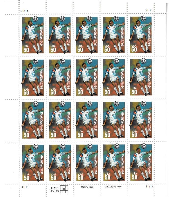 US SCOTT 2836 SOCCER PANE OF 20 STAMPS 50 CENTS MNH