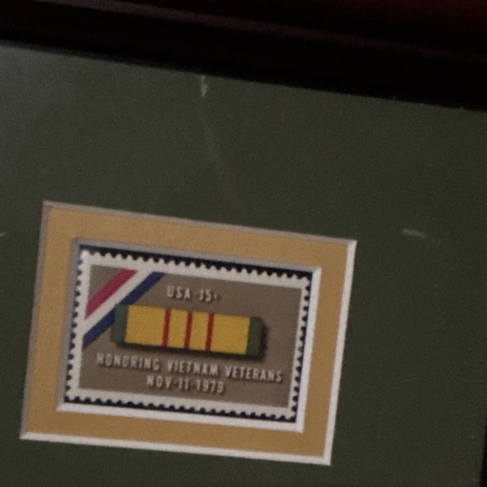 Framed US Postage Stamp Vietnam Veterans 15 Cent Yellow Red Green Blue White