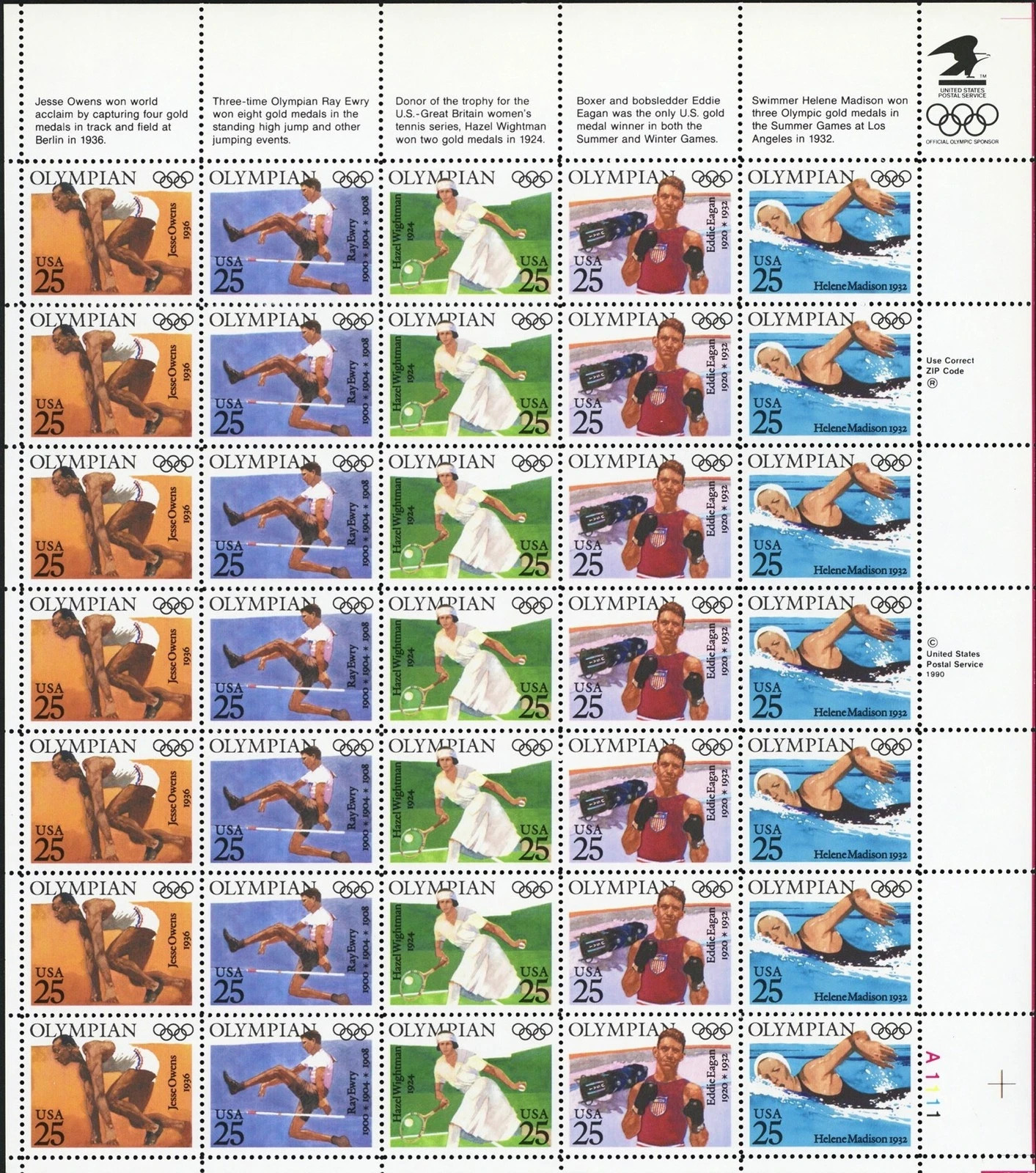 Bk6 Olympians Mint Sheet of Thirty Five 25 Cent Postage Stamps Scott 2496-2500