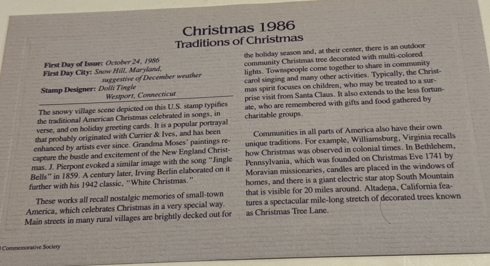 Greetings 1986 FIRST DAY ISSUE 22 CENT STAMP GOLD Traditions of Christmas