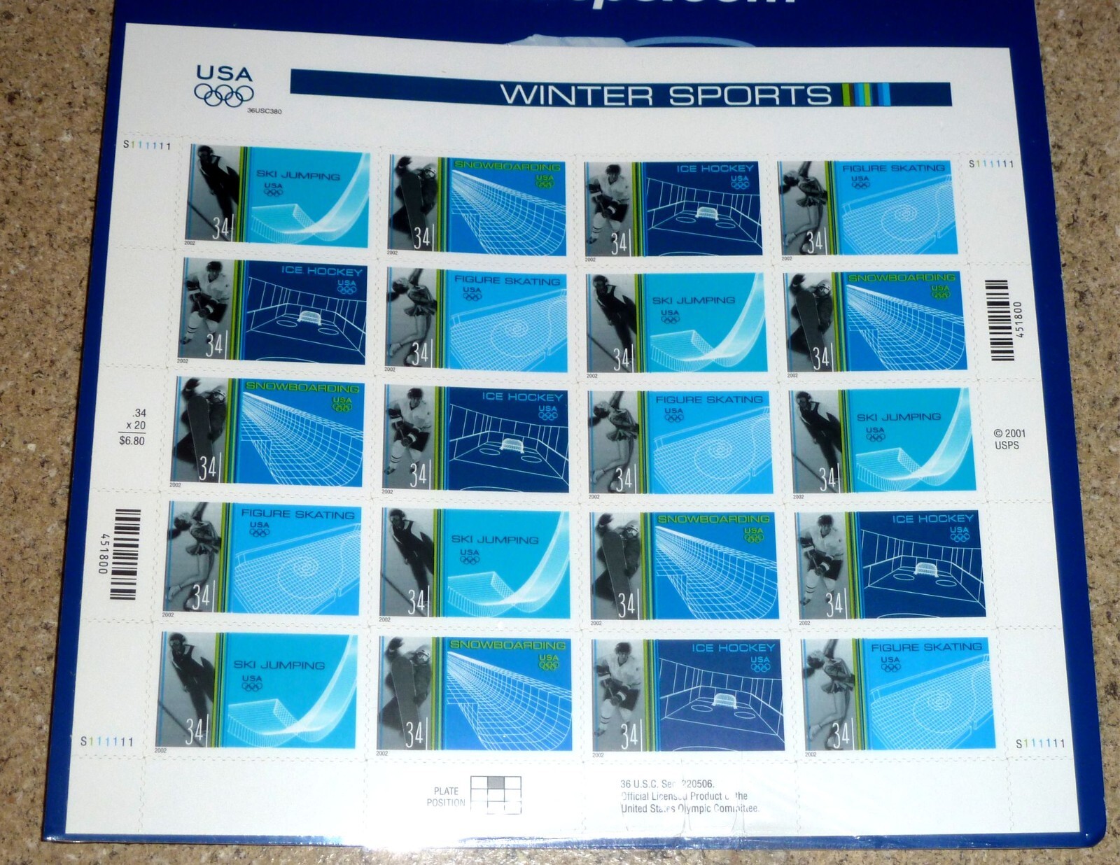 USPS Sealed Sheet of 20 “Winter Sports” 34¢ Stamps USA Scott 3552-3555 MNH