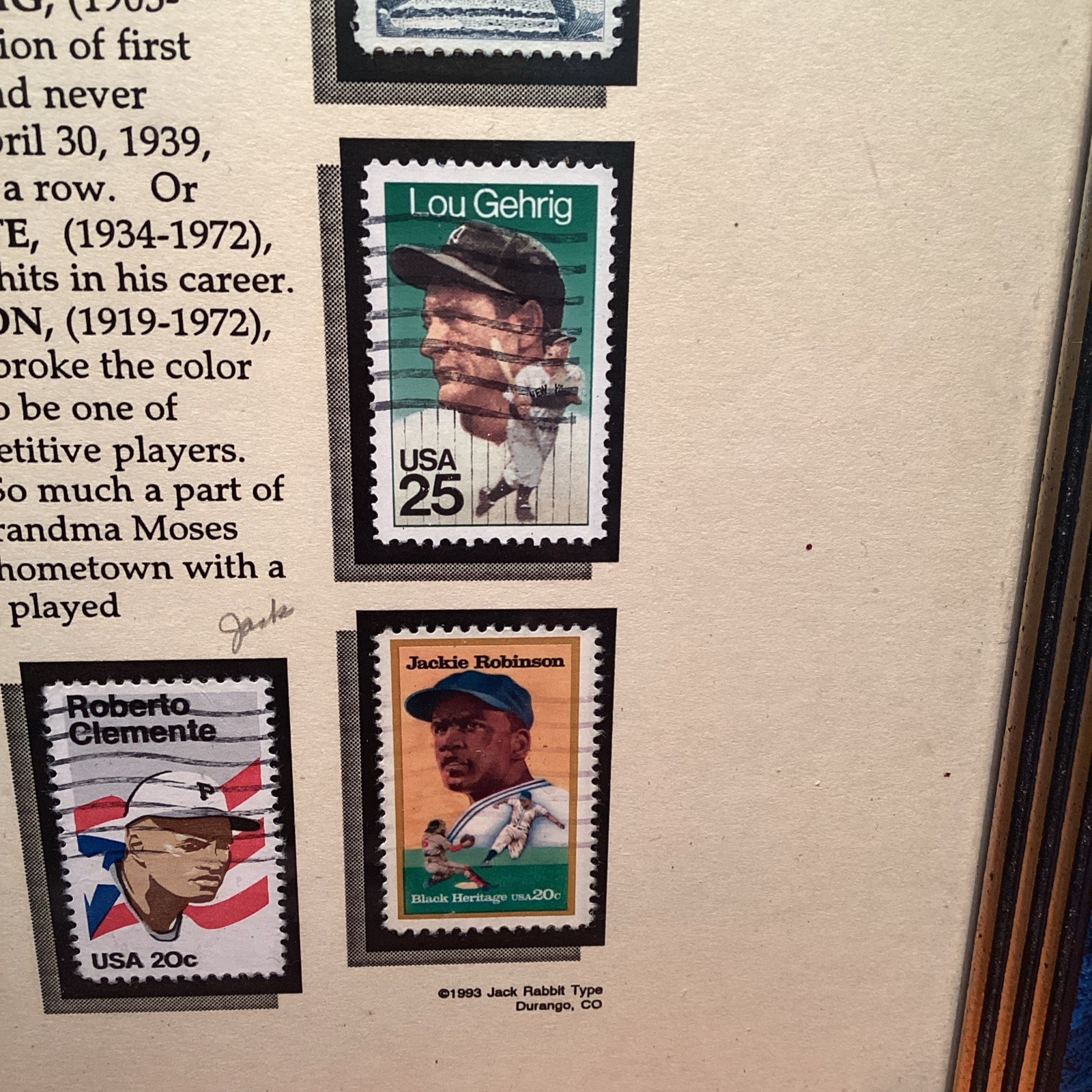 Vintage Baseball Stamp Collection Picture Frame Of Babe, Lou, Roberto, Jackie
