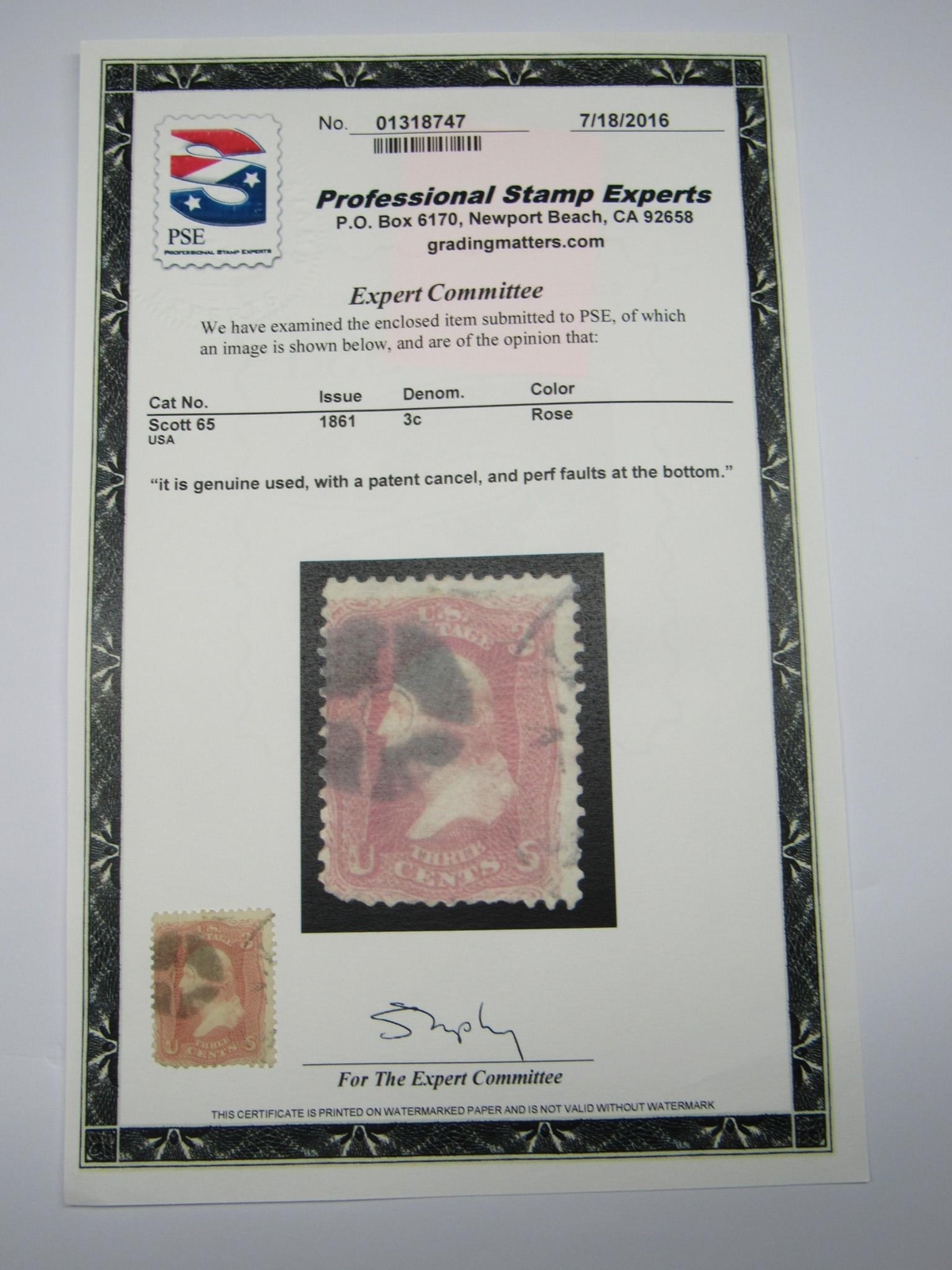 PSE Certified Stamp!! 1861 U.S. POSTAGE 3¢ Genuine Used STP-11-IB