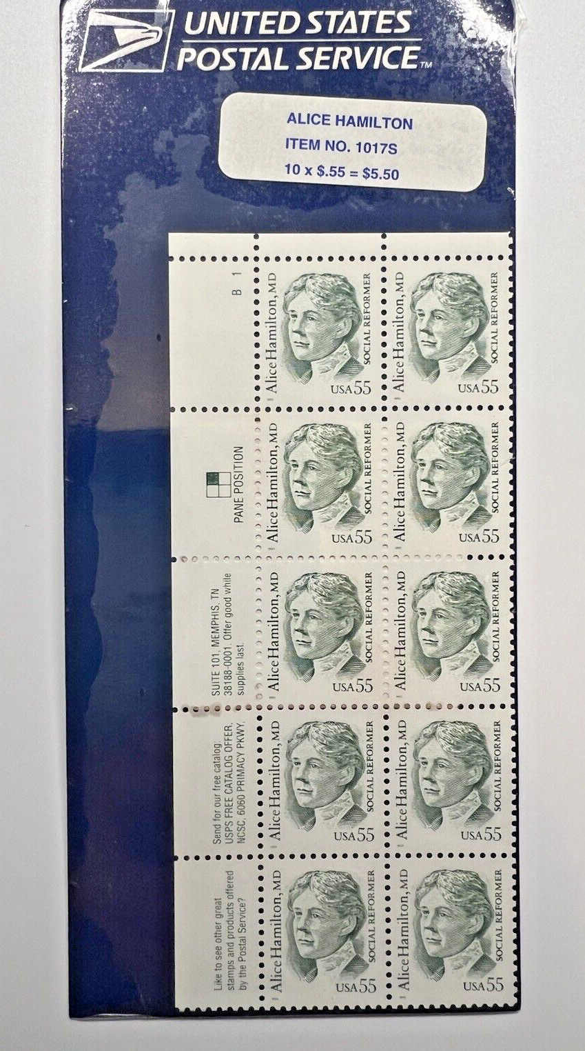 Scott #2940 Alice Hamilton MD Block of 10 Stamps, Sealed Item 1017S | 55c