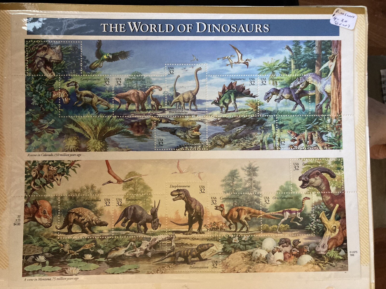Dinosaurs Reptiles The World of Dino Stamps 1997 One Pane of Twenty Stamp 32¢